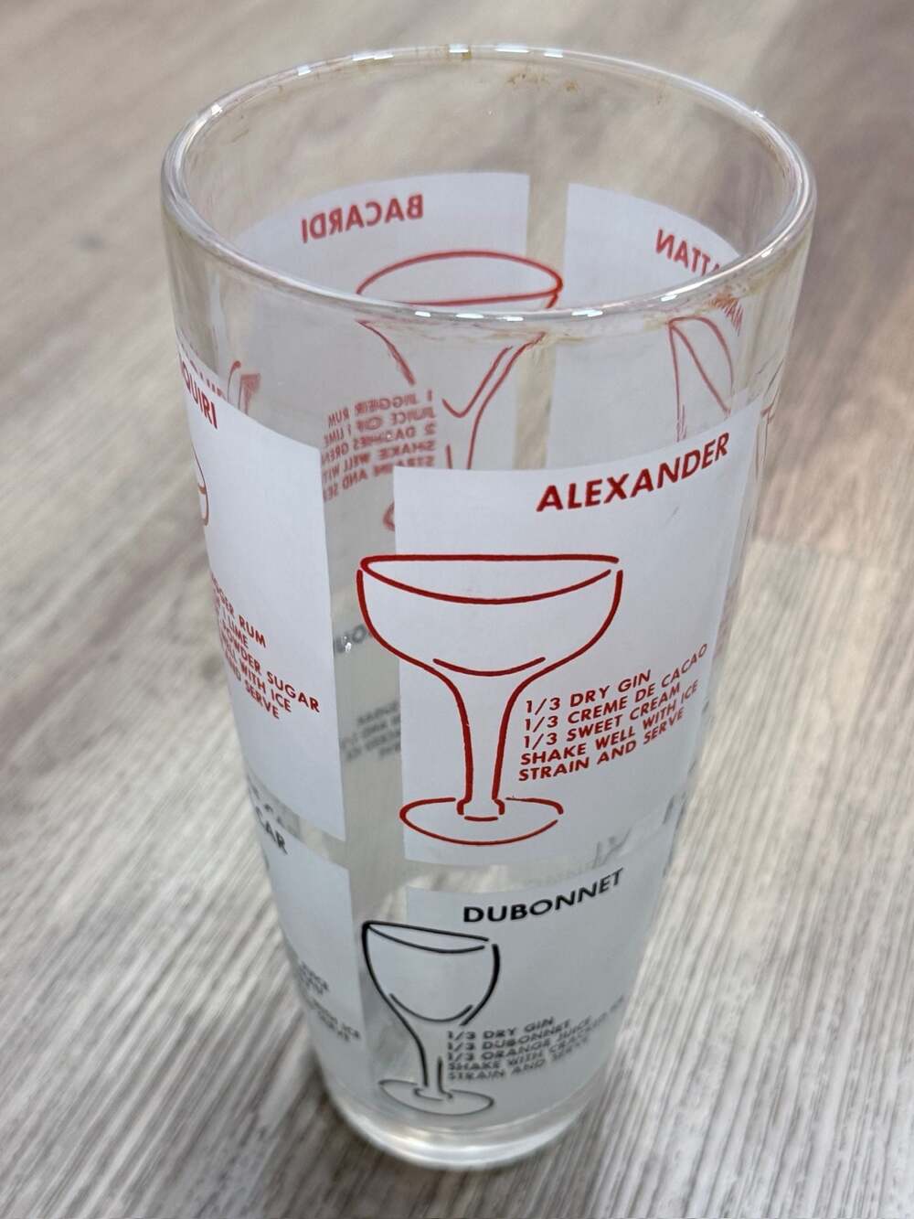 Vintage Mid-Century Glass Cocktail Shaker with Printed Drink Recipes